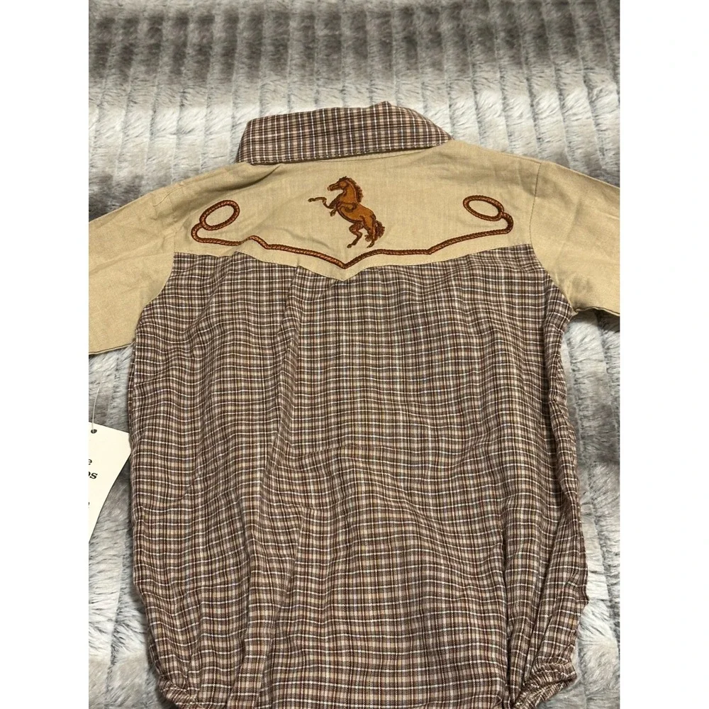 4Rodeo Infant Western Bodysuit Brown Plaid Embroidered Cowboy Boots 0-6 Months